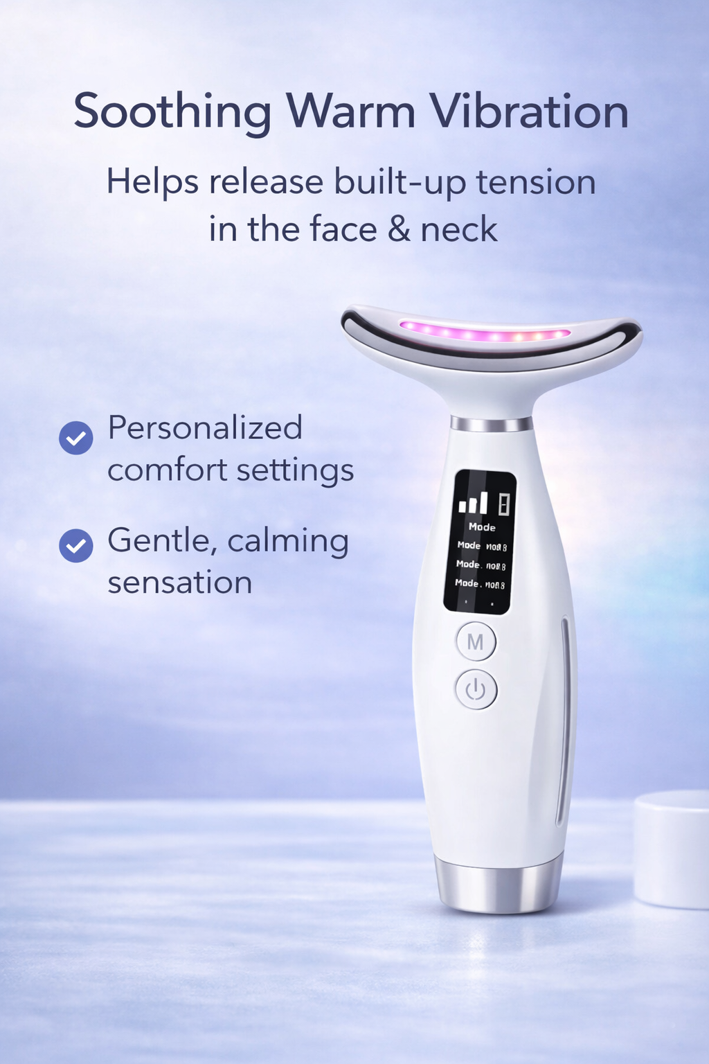 Facial massager demonstrating warm vibration therapy for relaxation