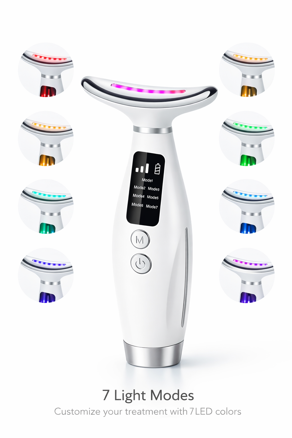 Neck and face massager showing seven LED color therapy modes